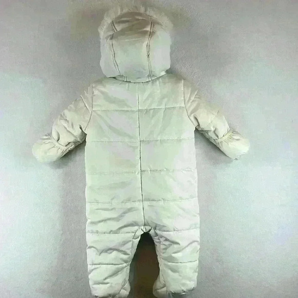 Weatherproof Hooded Baby Snowsuit Sz 6-9 Months Cream Leopard Fleece Lining - Picture 5 of 10